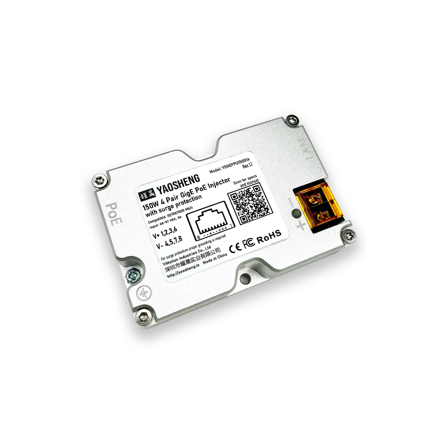 150W 4 Pair GigE PoE Injector with surge protection.