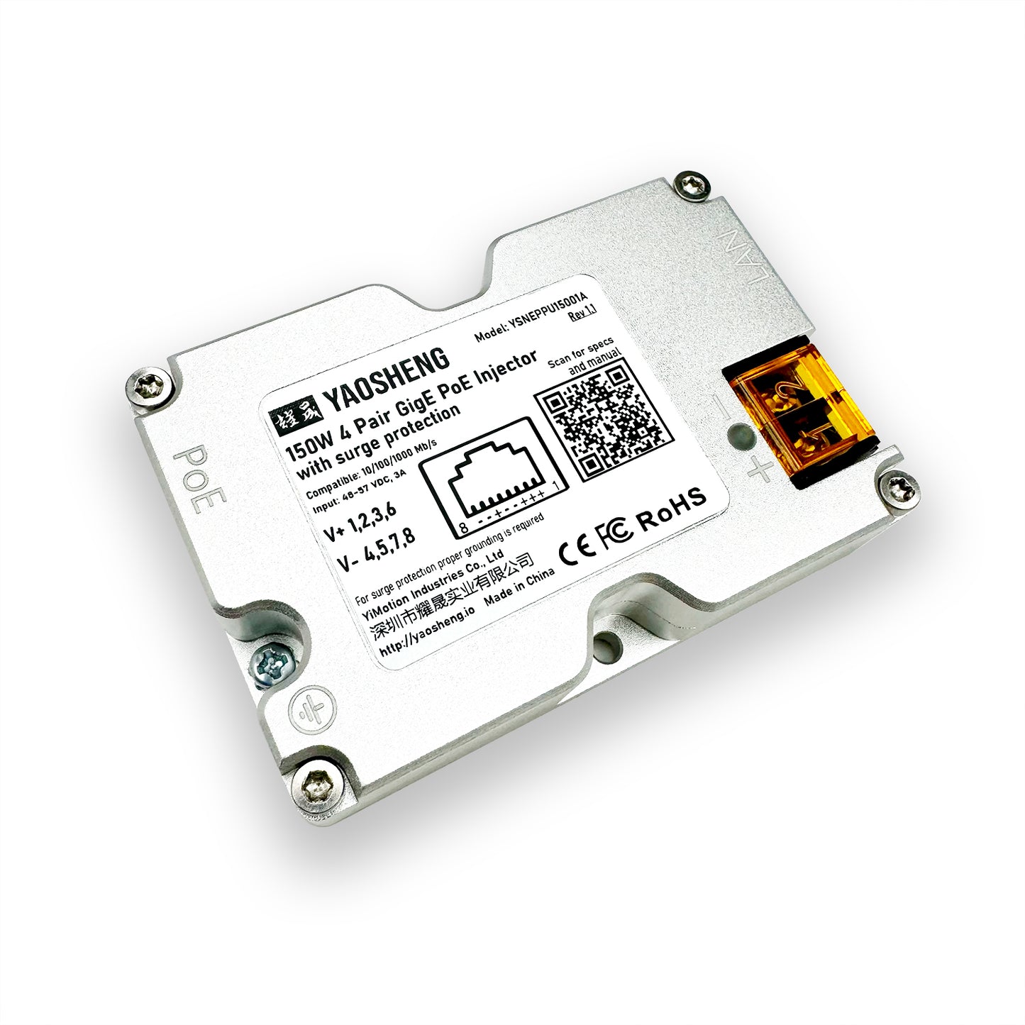 150W 4 Pair GigE PoE Injector with surge protection.