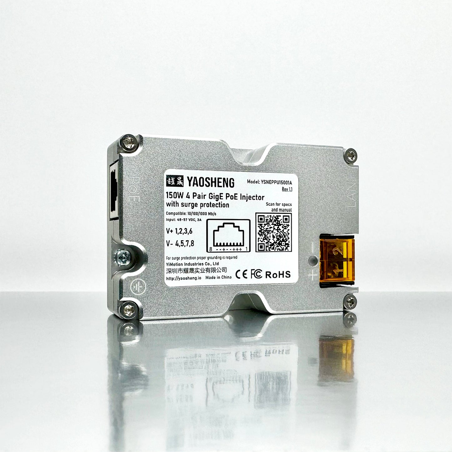 150W 4 Pair GigE PoE Injector with surge protection.