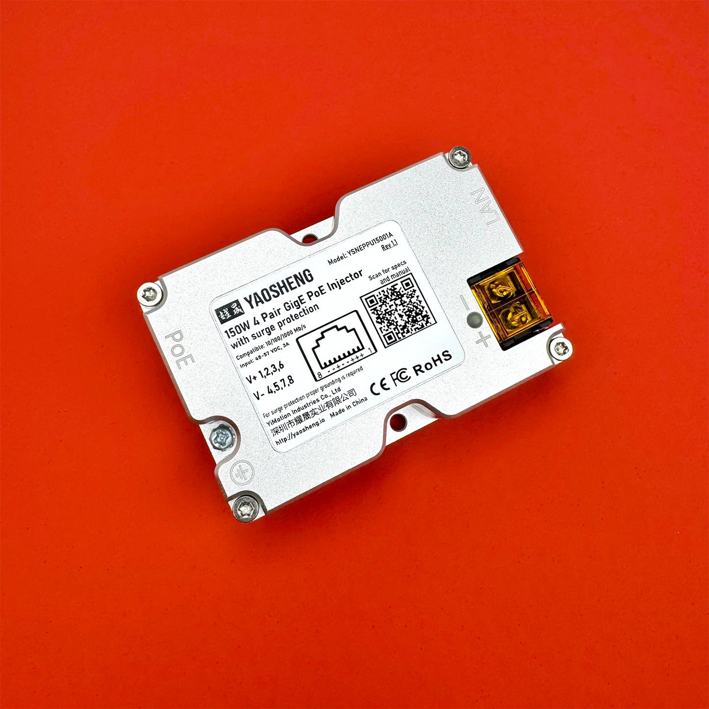 150W 4 Pair GigE PoE Injector with surge protection.